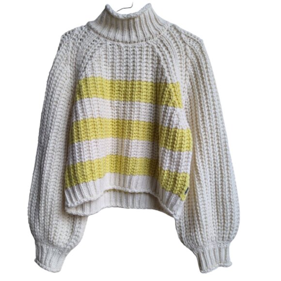 WRANGLER | Butter Yellow White Chunky Wool Alpaca Blend Striped Knit Sweater XL - Picture 2 of 16